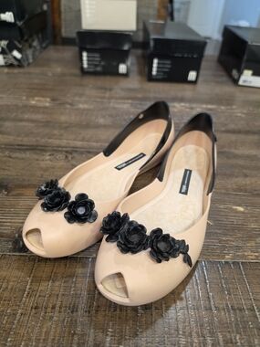 Melissa Nude Peep-Toe Flats with Black Floral Appliqués